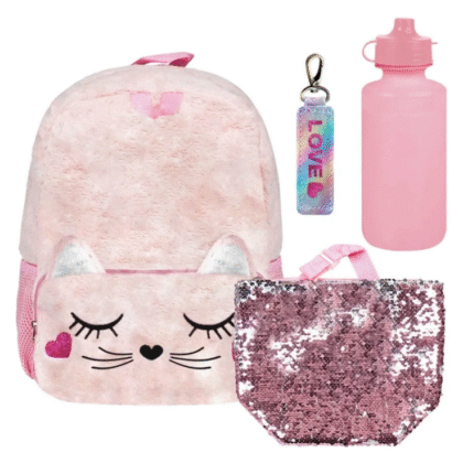 Mochila Y Bolsa Niñas Set 4 Piezas gato Peluche Lentejuelas