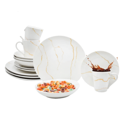 Vajilla Blanca Moderna Porcelana Marmol C Oro Kaiser 16pz