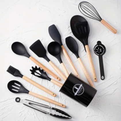 Juego de utensilios de cocina 14 piezas mango madera y negro