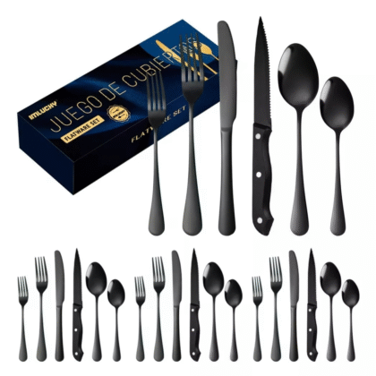 Juego de cubiertos acero inoxidable negro para 4 personas