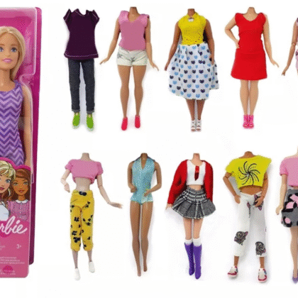 1 Barbie + 10 conjuntos de ropita + zapatera juguete