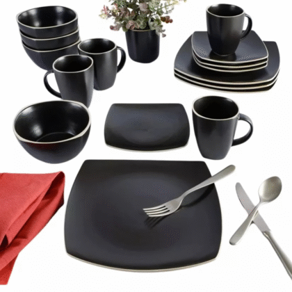 Vajilla de lujo Gibson elite color negro mate corte cuadrado 4 personas