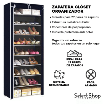 Zapatera armable mueble organizador color negro 9 niveles para 27 pares