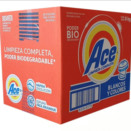 Caja con 8 bolsas de 1 Kg de detergente en polvo Ace floral