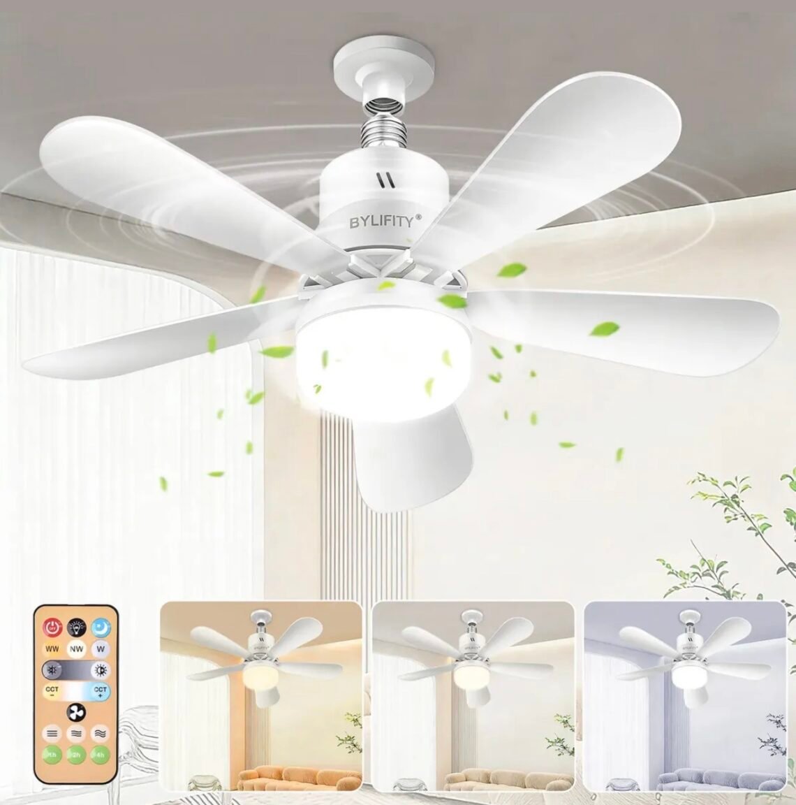 Lámpara De Ventilador Luz Led BYLIFITY, E26/e27 Ventiladores De Techo Con Control Remoto, 40w Luz De Ventilador Con Foco Led, 40cm, 3000k-6500k/brillo Regulable (blanco)
